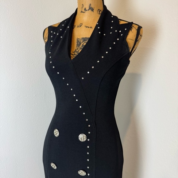 VINTAGE 90s JS Collections black halter midi dress crystal accents slit bodycon - Picture 8 of 9